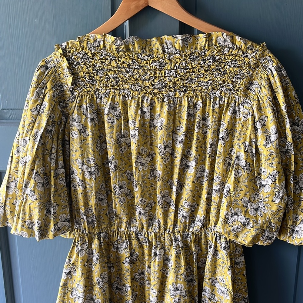 EUC Rebecca Taylor smocked, peasant sleeve Cotton floral dress with pockets